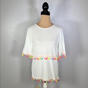 White colorful Tassel Trim Tunic Top S | boho Festival Vacation Resort tropical